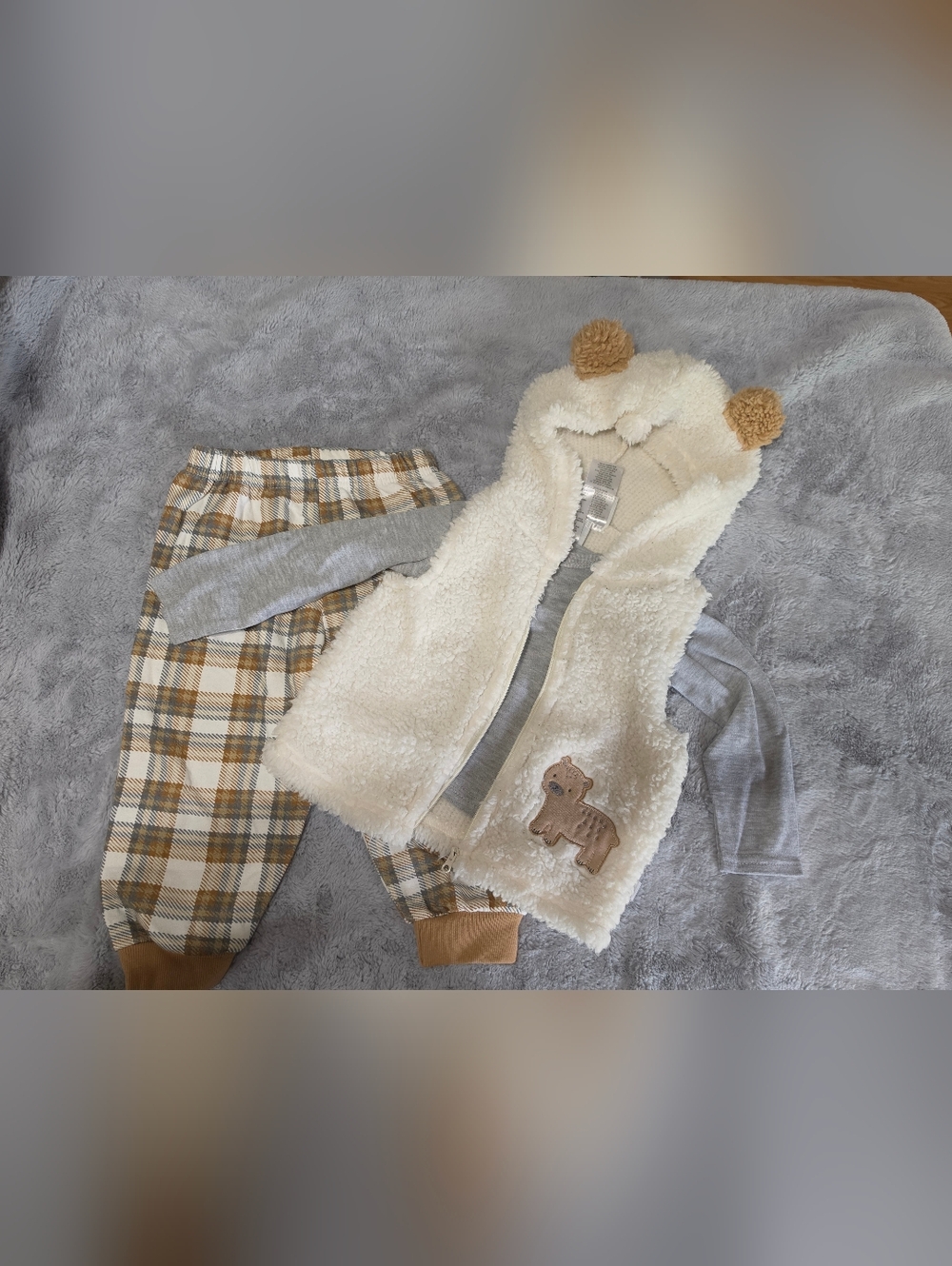 Cream Sherpa Hooded Vest with Tan Plaid Pants Kids Matching Set